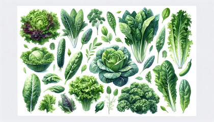 vibrant illustration featuring a variety of leafy green vegetables and herbs - obrazy, fototapety, plakaty