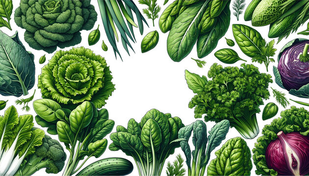 detailed illustration of an assortment of leafy green vegetables