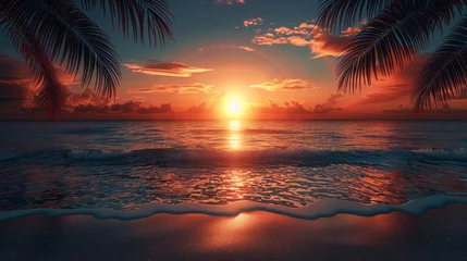 Foto op Plexiglas Beautiful sunset beach landscape, exotic tropical island nature, blue sea water, ocean waves, colorful red yellow sky, © Dushan