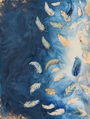 A painting capturing delicate feathers gracefully floating in mid-air, showcasing their elegance and lightness.