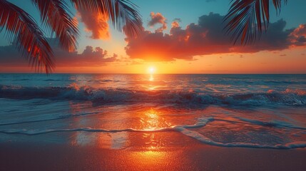 Beautiful sunset beach landscape, exotic tropical island nature, blue sea water, ocean waves, colorful red yellow sky, - obrazy, fototapety, plakaty