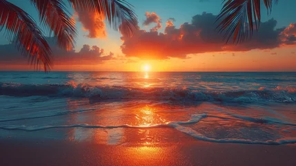 Fotobehang Beautiful sunset beach landscape, exotic tropical island nature, blue sea water, ocean waves, colorful red yellow sky, © Dushan