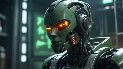 Fototapeta premium Robot face, artificial intelligence. Threat to humanity, generative AI