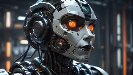 Fototapeta premium Robot face, artificial intelligence. Threat to humanity, generative AI