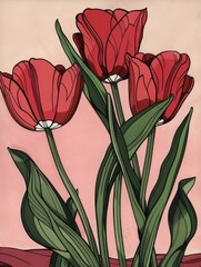 A painting featuring vibrant red flowers against a soft pink background, creating a striking visual contrast and a focal point with its bold colors and delicate detailing.