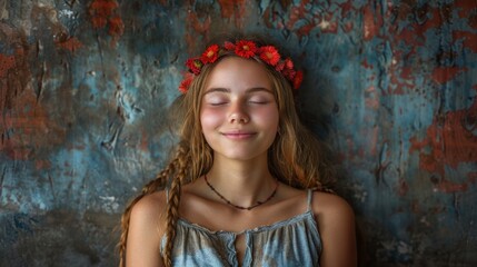 a young girl with a flower crown on her head and eyes closed in front of a grungy wall.