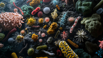 Microscopic view of various species of bacteria and other microbe on intestine surface . 3D illustration style . - obrazy, fototapety, plakaty