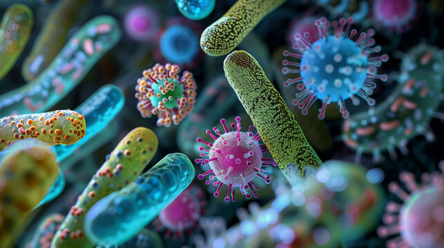 Microscopic view of various species of bacteria and other microbe on intestine surface . 3D illustration style .