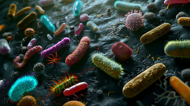 Microscopic view of various species of bacteria and other microbe on intestine surface . 3D illustration style .
