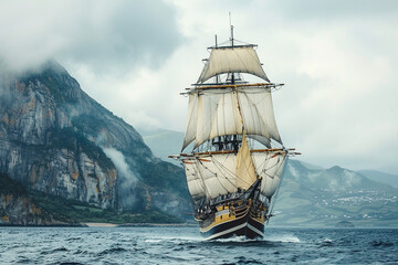 Historical frigate sailing on open water, a journey back in time, maritime travel and exploration at its finest - obrazy, fototapety, plakaty