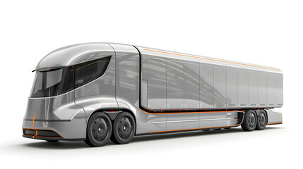 A future silver semi truck is shown from the side view. It has a black and white striped trailer and black wheels. 
