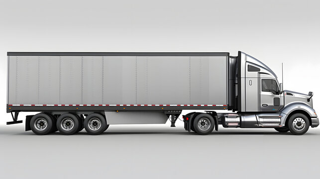 A future silver semi truck is shown from the side view. It has a black and white striped trailer and black wheels. 