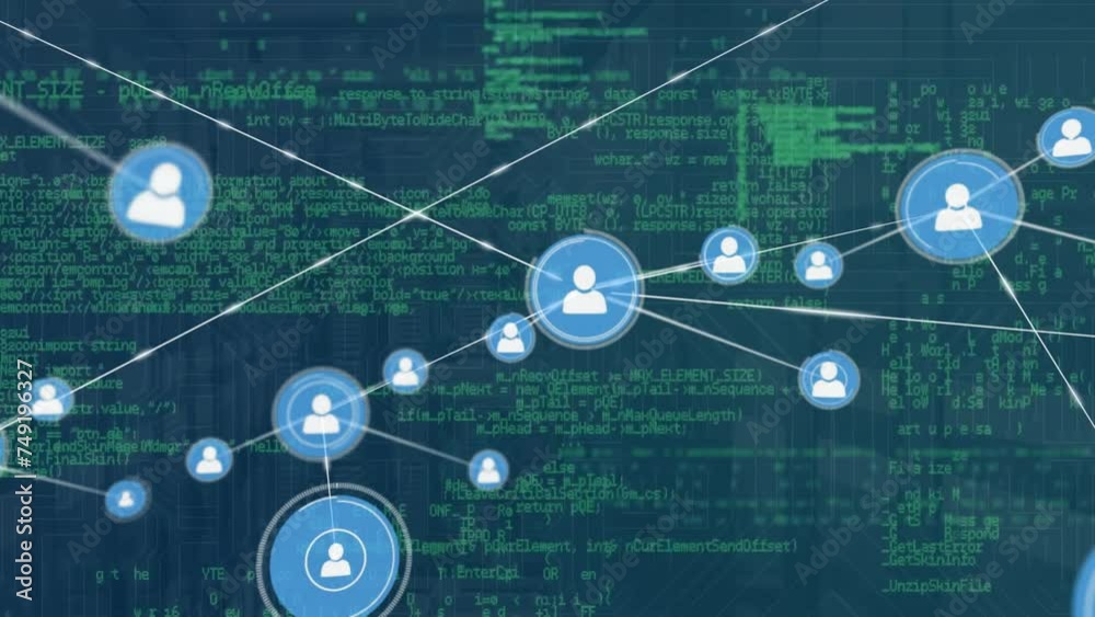Poster animation of network of connections with icons and data processing over server room