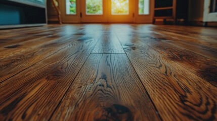 a close up of a wooden floor with a door in the background and a chair in the middle of the room. - obrazy, fototapety, plakaty