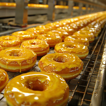 A row of glazed donuts travels on a metal conveyor belt, Industrial bakery's conveyor machinery, efficiently processing batches of yellow, sweet glazed donuts for dessert lovers