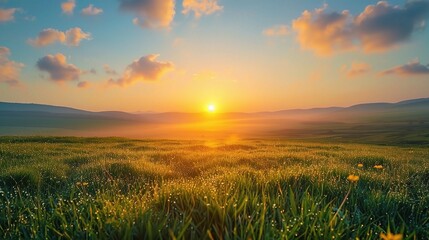 World environment day concept: Calm of country meadow sunrise landscape background. - obrazy, fototapety, plakaty