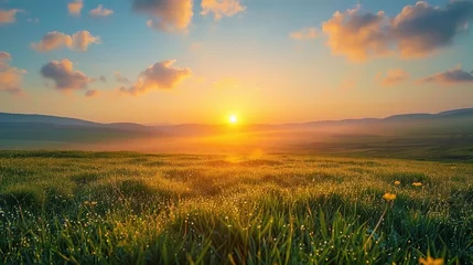 Tuinposter World environment day concept: Calm of country meadow sunrise landscape background. © INK ART BACKGROUND