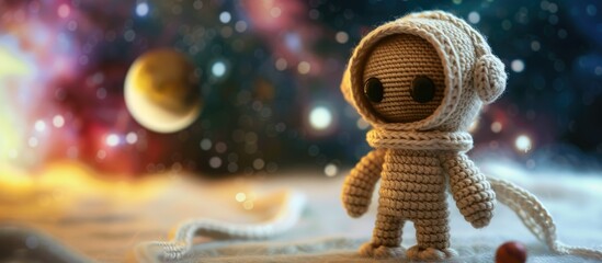 A small crocheted toy is standing upright in a snowy outdoor setting. The toy has a whimsical appearance, with intricate crochet detailing visible. Snowflakes can be seen gently falling around the toy