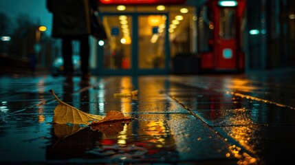 a leaf laying on the ground in the rain next to a red double decker bus on a city street at night. - obrazy, fototapety, plakaty