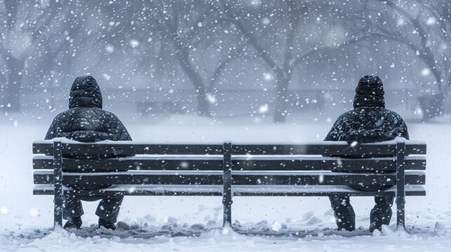 a couple of people sitting on top of a bench on a snow covered park bench in front of a tree.