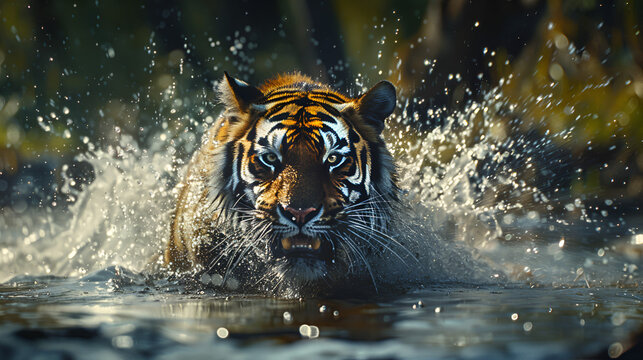 Amur tiger playing in the water Siberia, generative ai