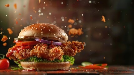 fresh crispy fried chicken burger sandwich with flying ingredients and spices hot ready to serve and eat food commercial advertisement menu banner with copy space area, Generative ai - obrazy, fototapety, plakaty