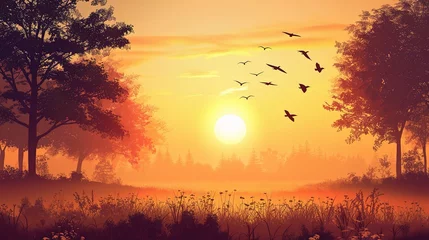Photo sur Plexiglas Orange World environment day concept: Silhouette birds flying on meadow autumn sunrise landscape background