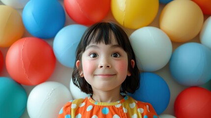 Fototapeta na wymiar a little girl standing in front of a bunch of balloons with her eyes wide open and a smile on her face.