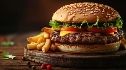 a hamburger with lettuce, tomato, and cheese on a cutting board with french fries on the side.