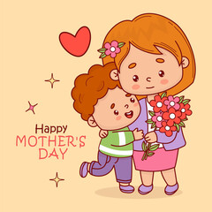 Mother's Day card. Cute woman with her boy son and bouquet flowers. Vector illustration flat cartoon style kawaii. Positive festive female character