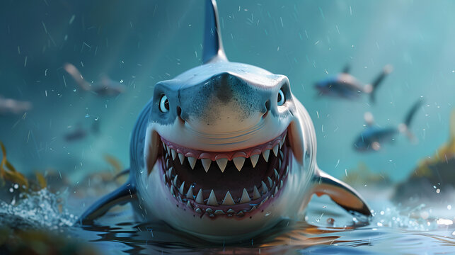 Angry shark cartoon, generative ai