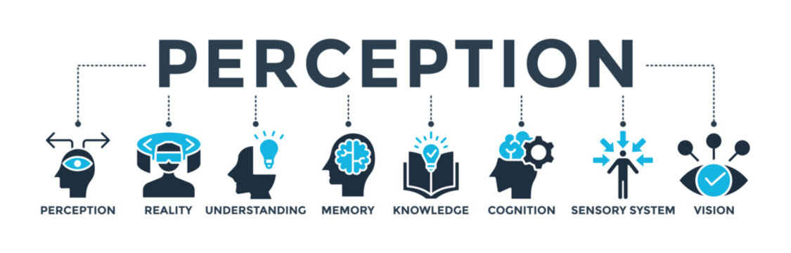 Perception banner concept with icon of perception, reality, understanding, memory, knowledge, cognition, sensory system, vision