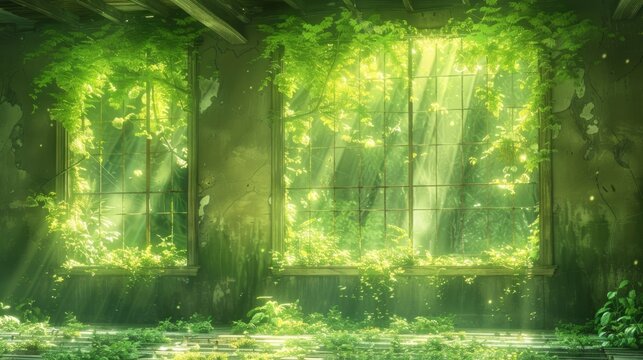 a room with a lot of windows and a lot of greenery on the outside of the window and a lot of plants on the inside of the room.