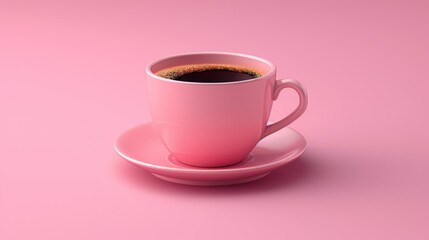 Obraz na płótnie Canvas a cup of coffee on a saucer on a pink background with a shadow of a cup of coffee on the saucer.