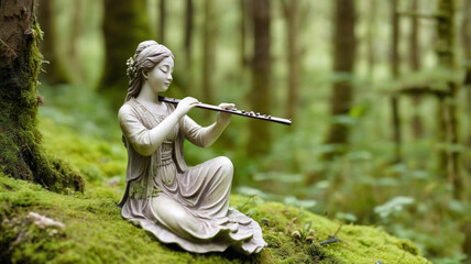Stone statue playing the flute in the forest, generative AI