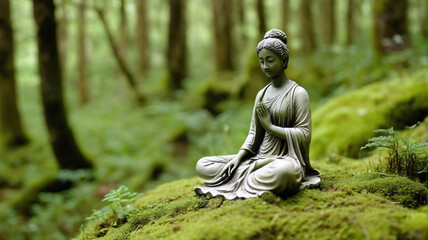 Stone figurine meditating in the middle of the forest, generative AI