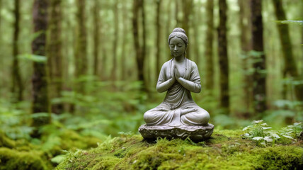 Stone figurine meditating in the middle of the forest, generative AI