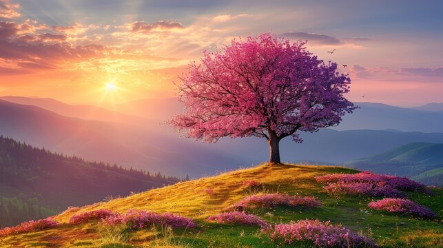 a painting of a tree on top of a hill with the sun setting in the background and pink flowers in the foreground.