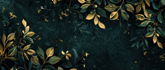Metallic Flora, Gold-leafed botanical illustration, dark green foliage with minimalist background