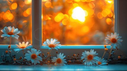 a group of daisies sitting in front of a window with the sun shining through the window pane behind them.