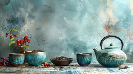 Obraz na płótnie Canvas Herbal tea background. Tea cups with various dried tea leaves and flowers were shot from above on a rustic wooden table. Assortment of dry tea in ceramic bowls with copy space