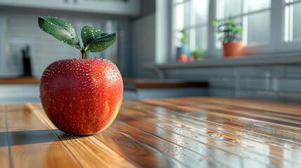 a red apple with a leaf on top of it on a wooden table in front of a potted plant.