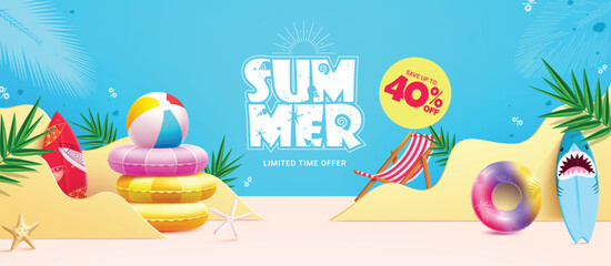 Summer sale vector banner design. Summer limited time offer text with beach elements in podium background for product display advertisement. Vector illustration summer holiday shopping banner. 
