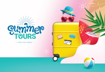 Summer tours text vector design. Summer tours travel promotion with yellow luggage bag, surfboard and sunglasses for holiday season background. Vector illustration summer travel design. 
