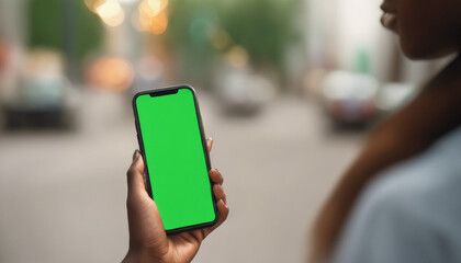 Person holding a smartphone with a green screen, standing on a street.