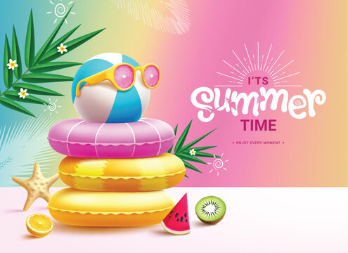 Summer time vector design. It's summer time greeting text with colorful floaters and beachball wearing sunglasses for tropical season promotion background. Vector illustration summer time greeting 