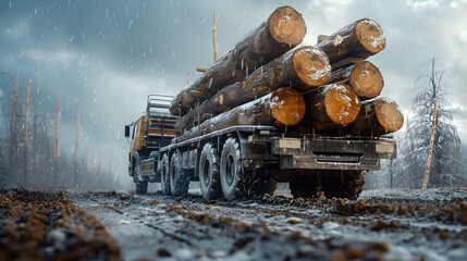 A truck is loaded with many logs. - obrazy, fototapety, plakaty
