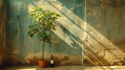 a small tree in a pot next to a bottle of wine in front of a wall with a shadow cast on it.