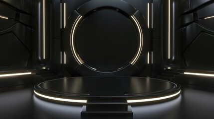 Futuristic circular portal with neon lights in a dark room, modern sci-fi interior design concept.