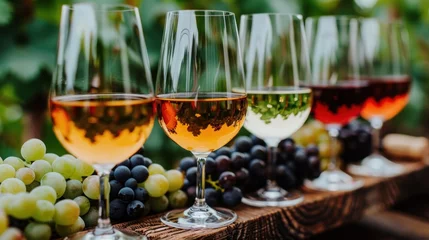 Fotobehang a row of wine glasses sitting on top of a wooden table next to grapes and a bunch of green leaves. © Viktor